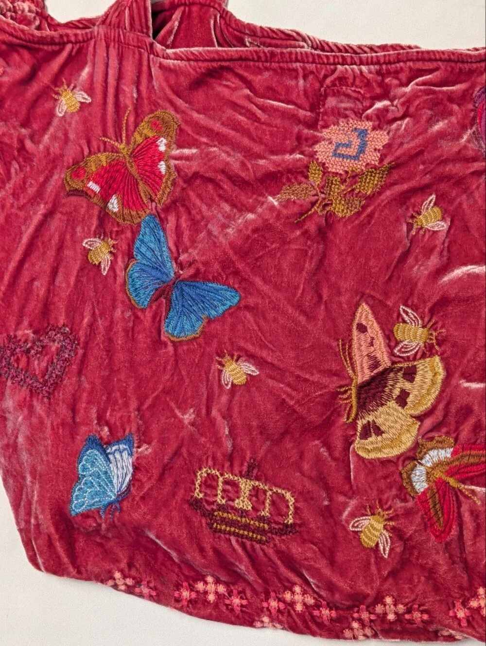 Johnny Was Aria Velvet Silk Embroidered Butterfly & Bee Floral Tote Shoulder Bag